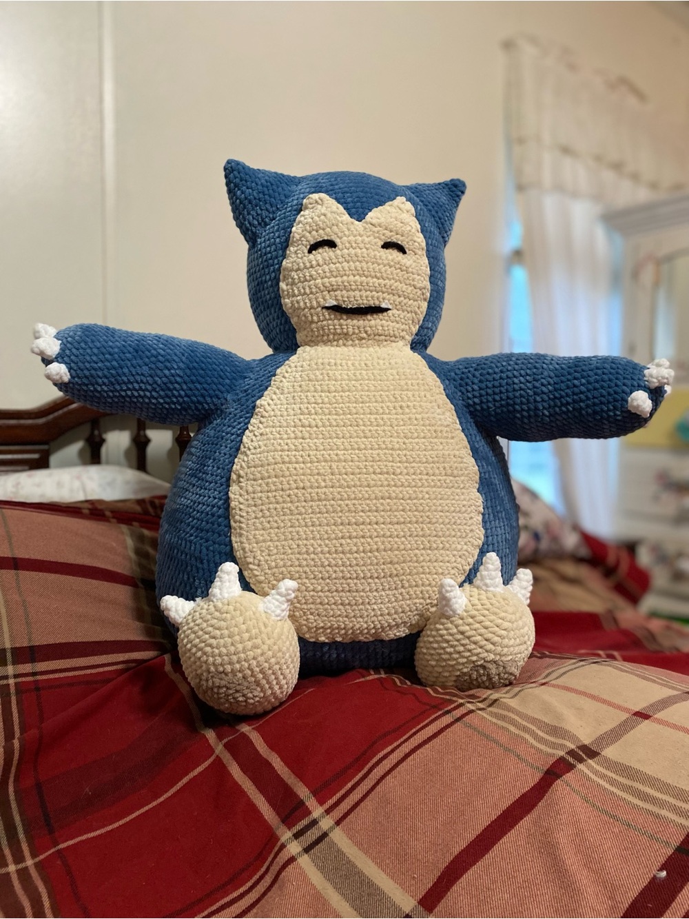 Plush Blue and Cream Crochet Snorlax-Style Kids Toy
